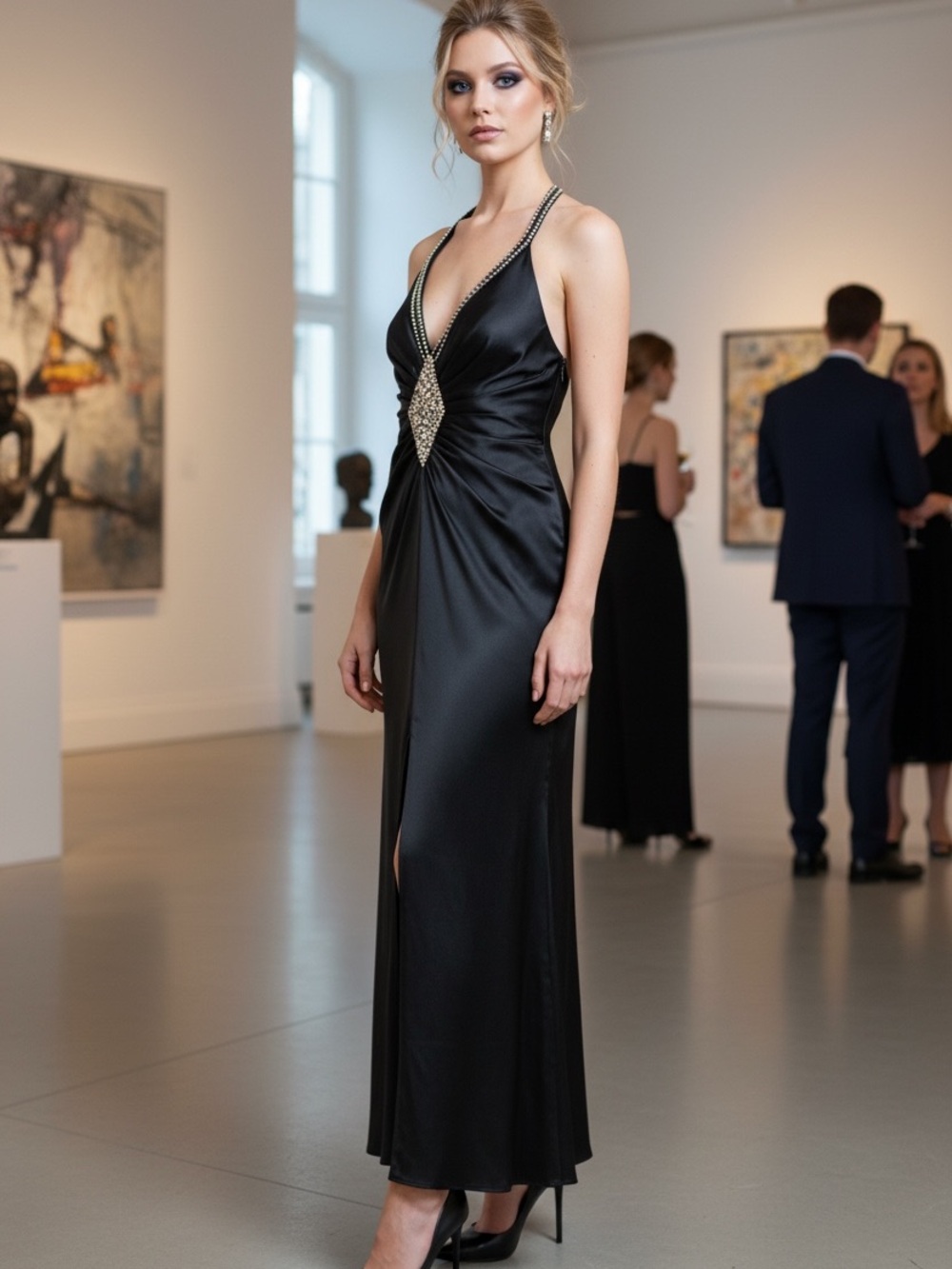 Mori Lee Black silk V-Neck Evening Gown with Crystal Waist Accents